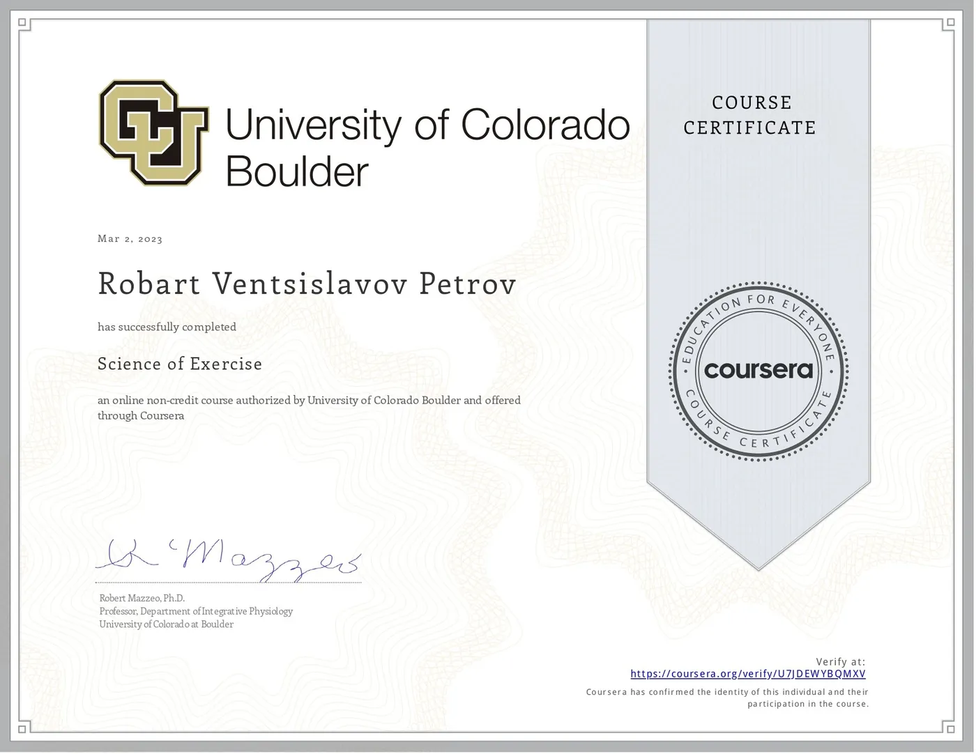 Сертификат University of Colorado Boulder — Science of Exercise