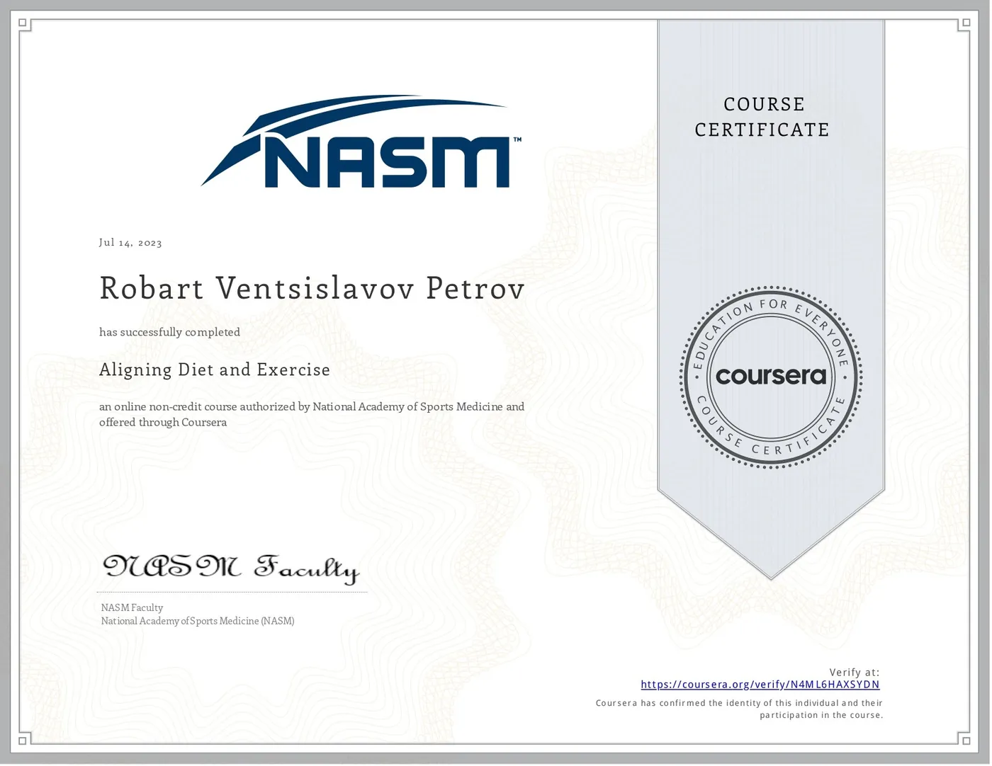 Сертификат NASM — Aligning Diet and Exercise