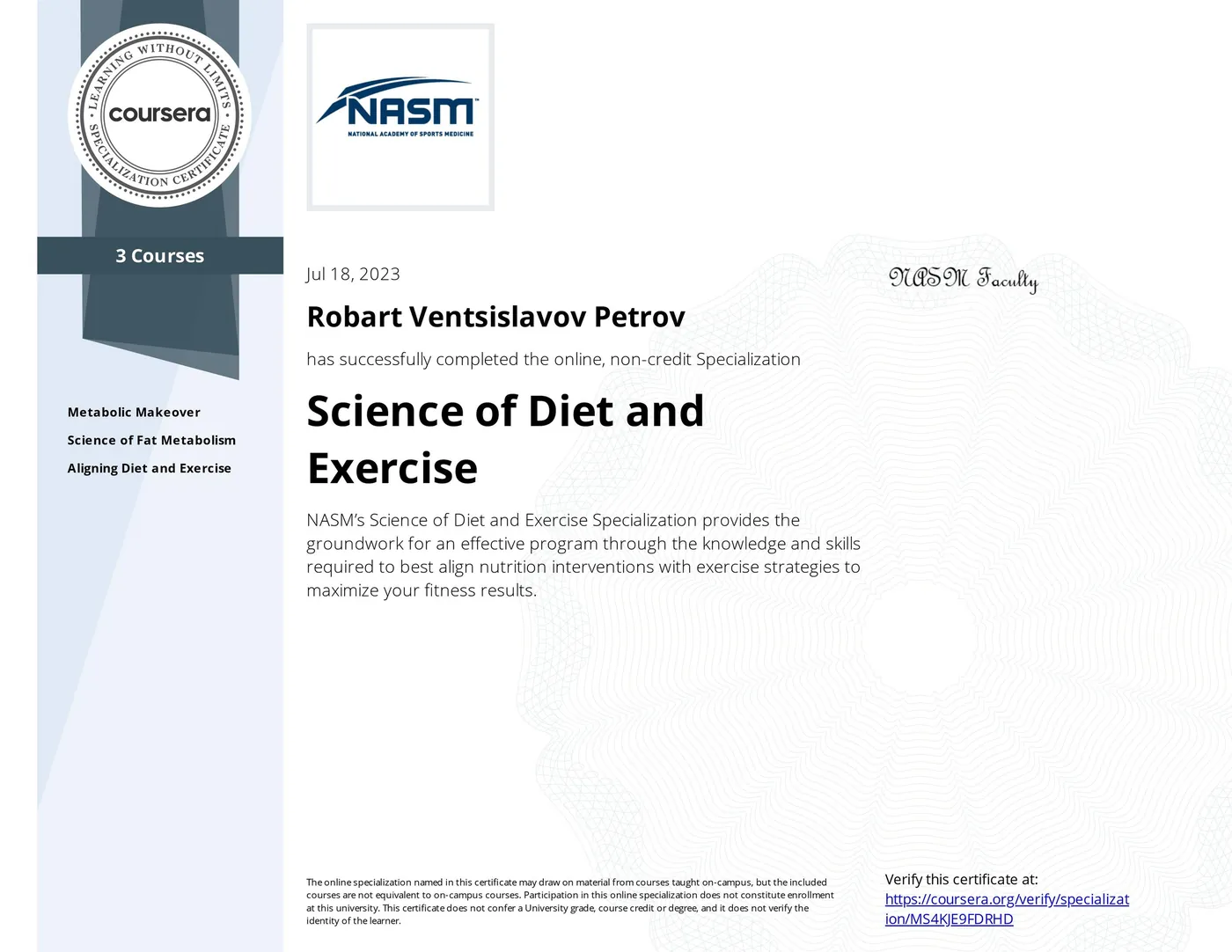 Сертификат NASM — Science of Diet and Exercise
