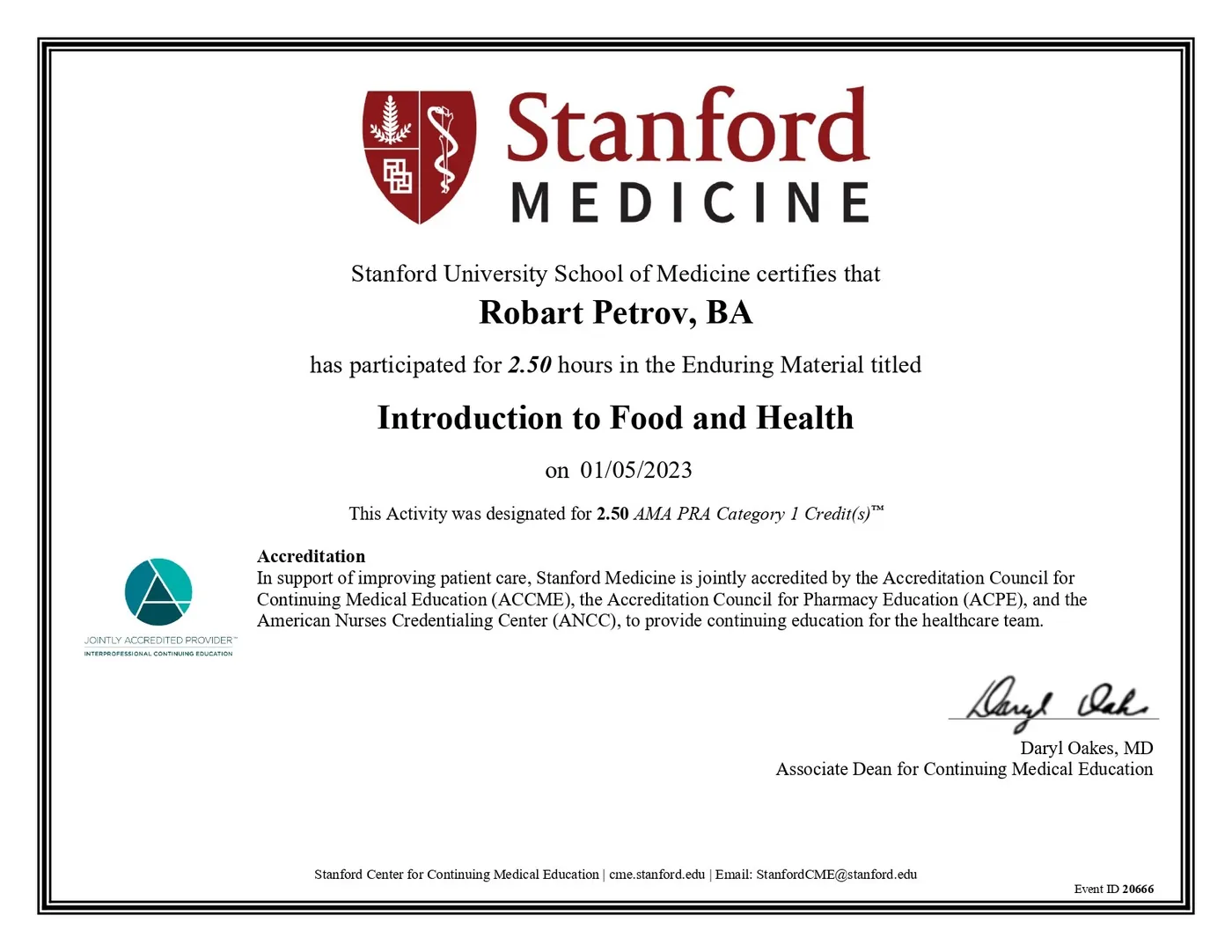 Сертификат Stanford Medicine — Introduction to Food and Health